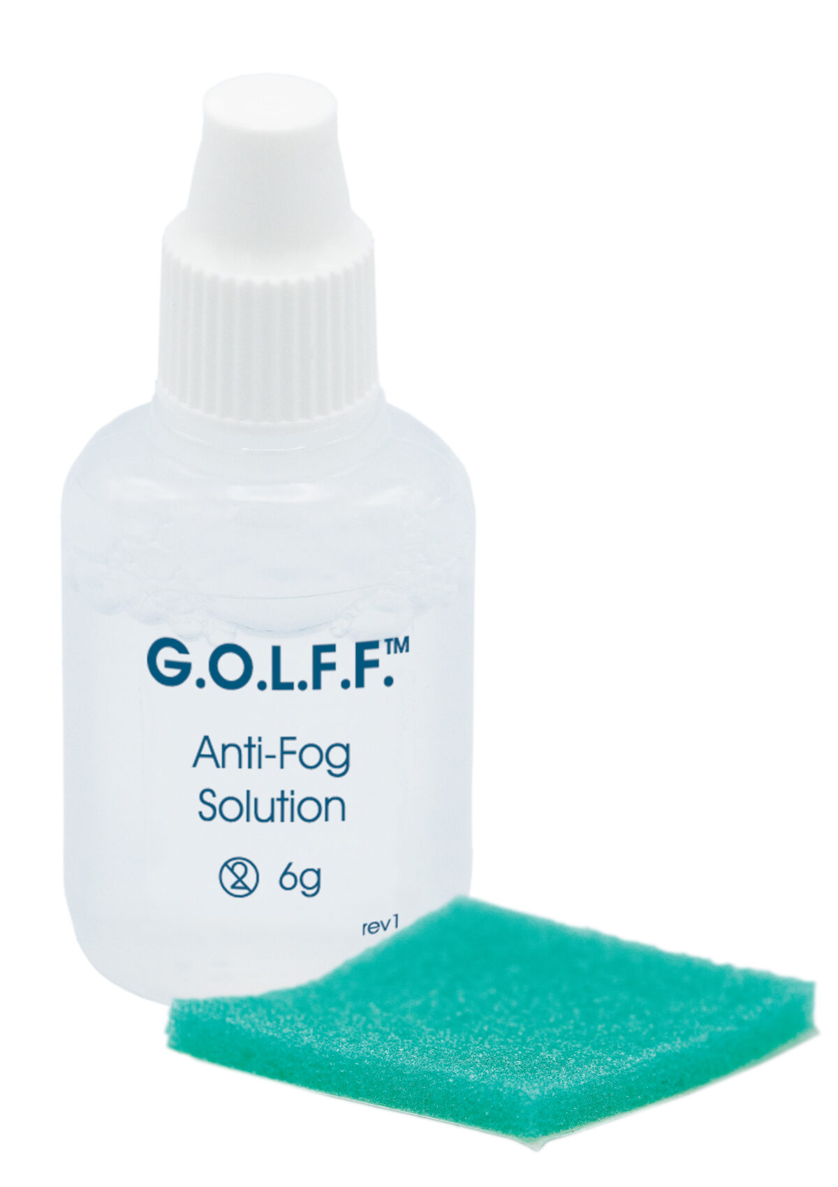 G.O.L.F.F.™ Anti-Fog Solution with adhesive back sponge, designed to prevent fog from forming on endoscopic camera lenses during surgical procedures.