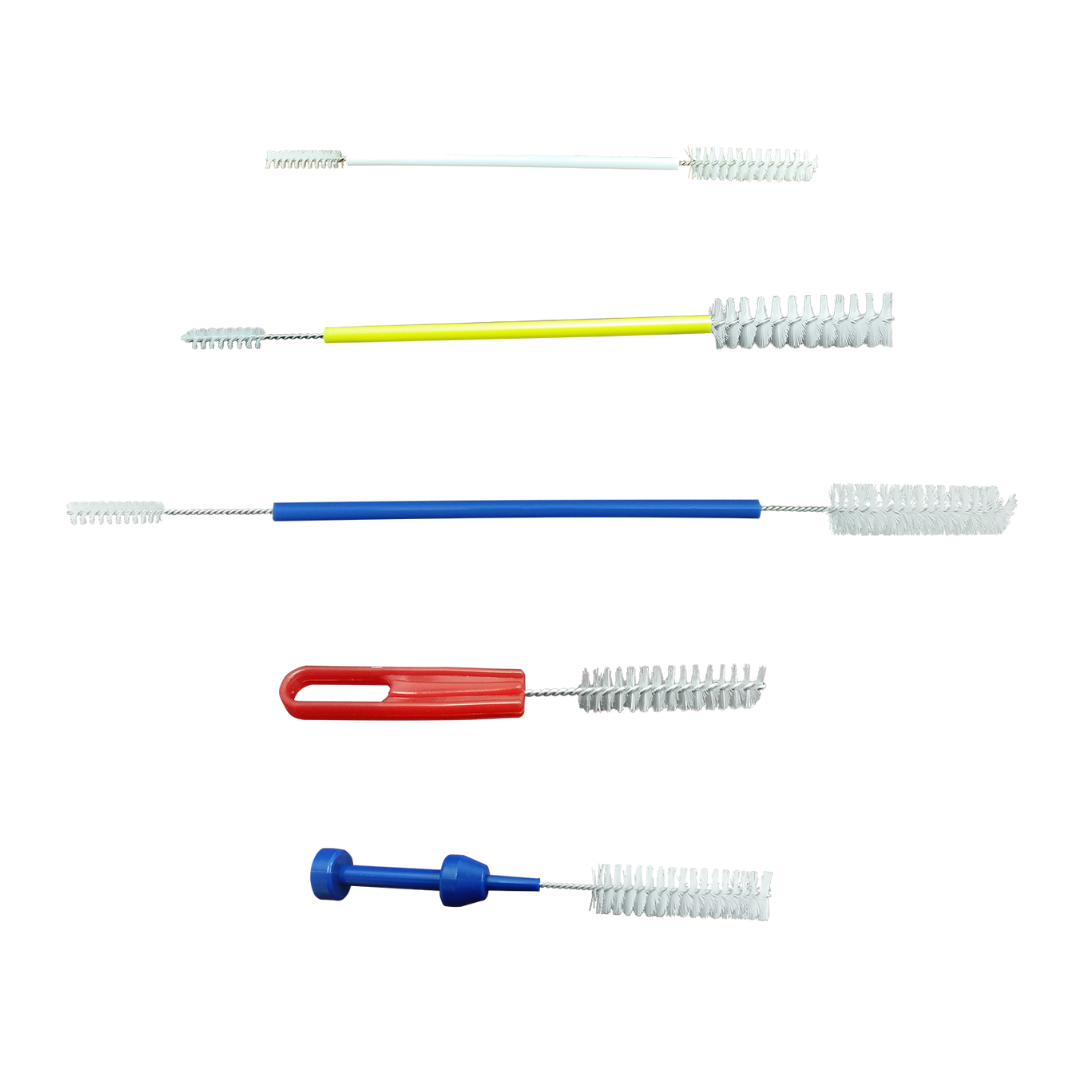 Endoscopy Valve/Control Cleaning Brushes with soft bristles, ergonomic grip handle and superior brush head size and density, for light and heavy-duty cleaning. Removes of gross material designed with a ridged "barbell" handle for a steady grip.
