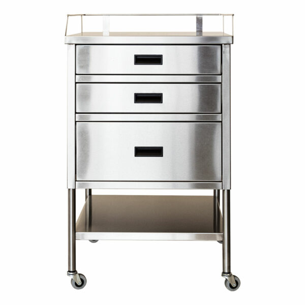 Anesthesia Equipment Table: Sterile, efficient organization with heavy-gauge stainless steel. Various sizes and options, including drawers, H guard.