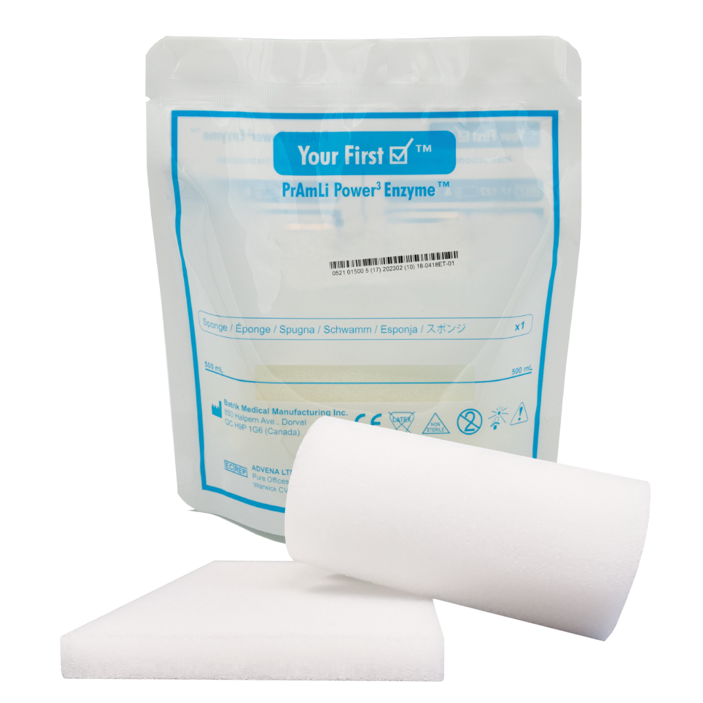 A bedside sponge kit with non-enzymatic detergent for medical instrument cleaning. The kit includes pre-cleaning wipes and flushing tools to remove soils and reduce contamination risks.