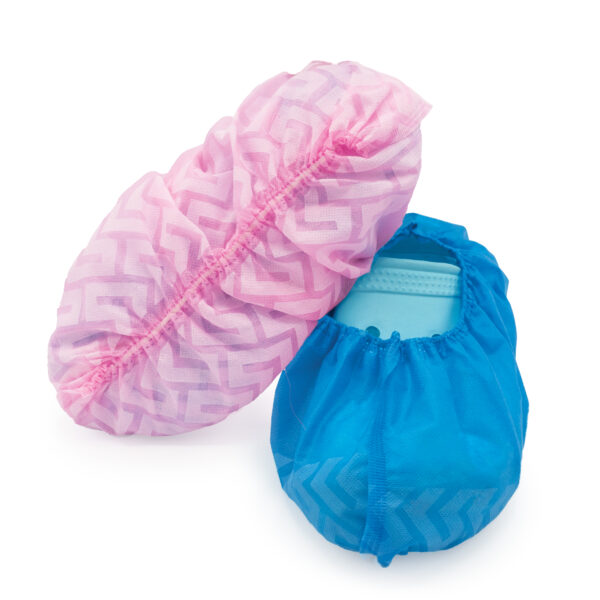Disposable Shoe Covers with anti-skid tread and fluid repellent. Latex-free, tear-resistant. Available in pink and blue. Made in Canada.